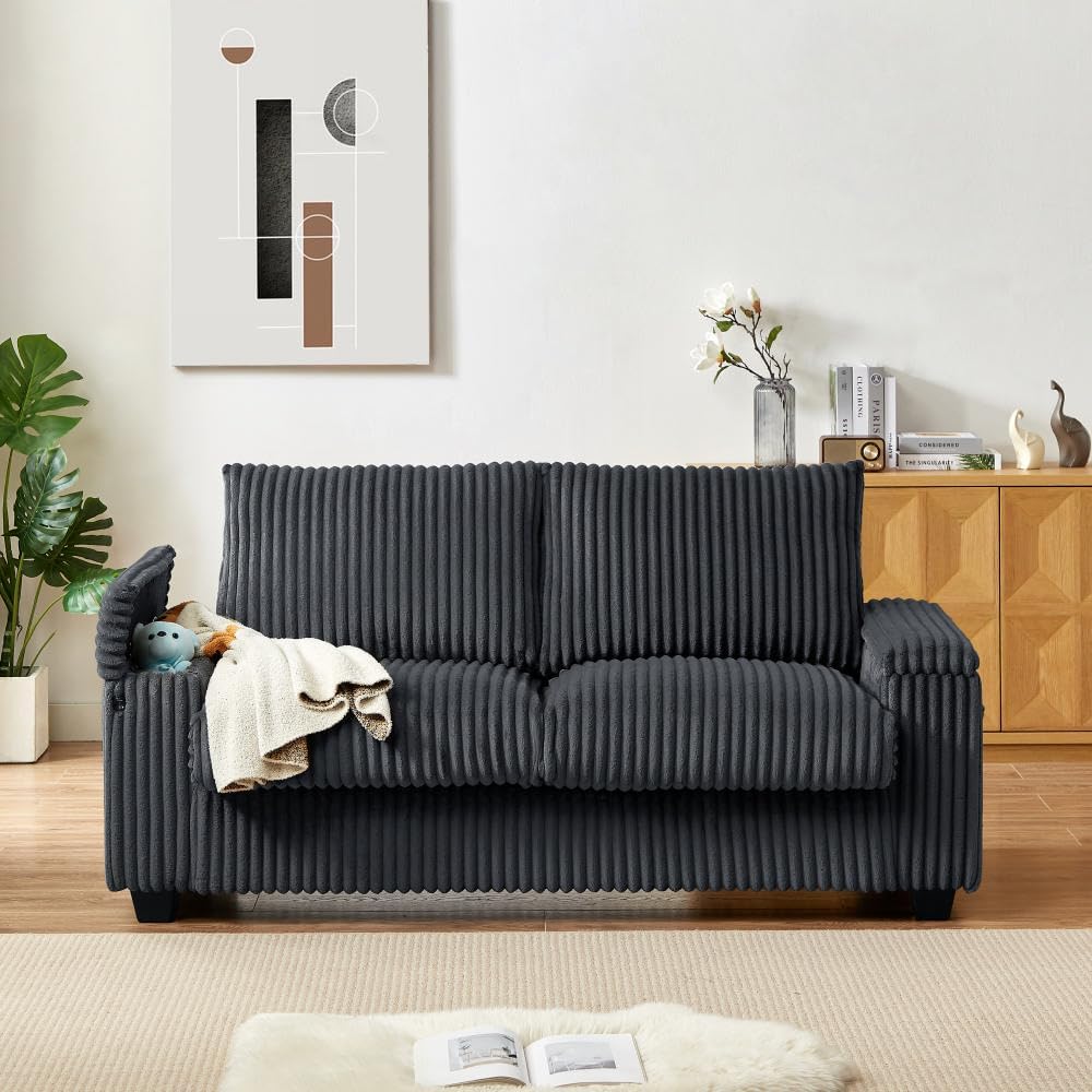 Modern Loveseat Couch, Comfy Corduroy Cloud Couches for Living Room, Deep Seat 2-Seater Love Seat Sofa with Storage Armrest and USB Port for Small Spaces Bedroom Apartment (Dark Gray)