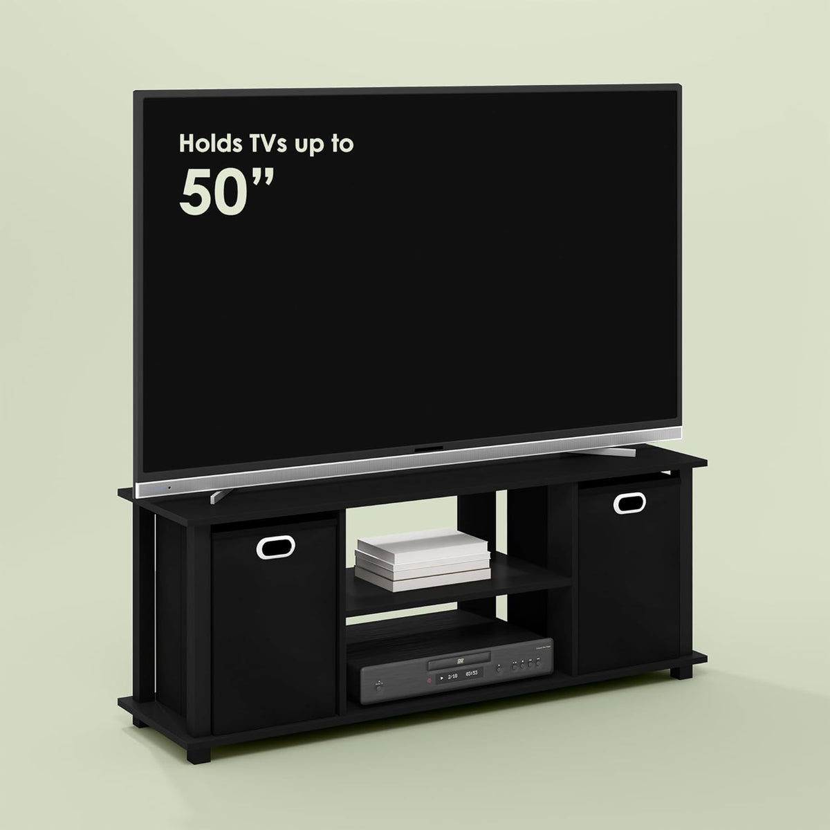 Jawa TV Stand, TV Unit, Entertainment Center with Shelves and Bins for Living Room, Black/Black