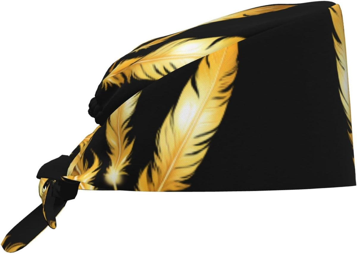 Cleaning Working Cap Glowing Golden Feathers Printed Chef Hat for Women & Men, Adjustable, Breathable