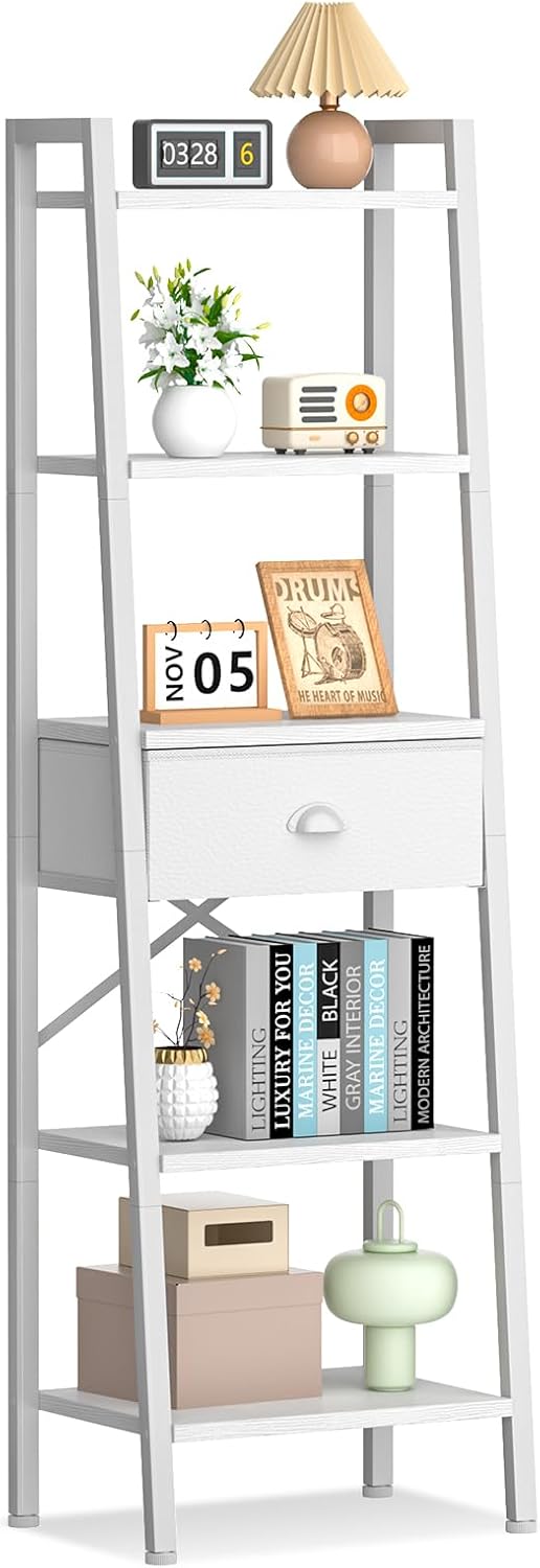 Furologee 4 Tier Ladder Shelf, Narrow Ladder Bookshelf with Drawer, Modern Freestanding Bookcase, Storage Shelves Organizer for Bathroom,Kitchen,Bedroom,Living Room,Rustic Brown