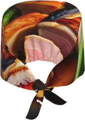 Cleaning Working Cap Delicious Grilled Meat Printed Chef Hat for Women & Men, Adjustable, Breathable Black