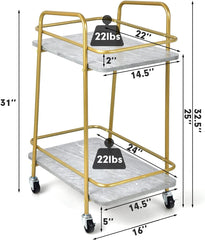 LOKO Gold Bar Cart, 2-Tier Liquor Cart with Lockable Wheels, Rolling Wine Cart Bar Serving Cart with 2 Shelves for Kitchen, Dining Room & Living Room, 24 x 16 x 32.5 inches