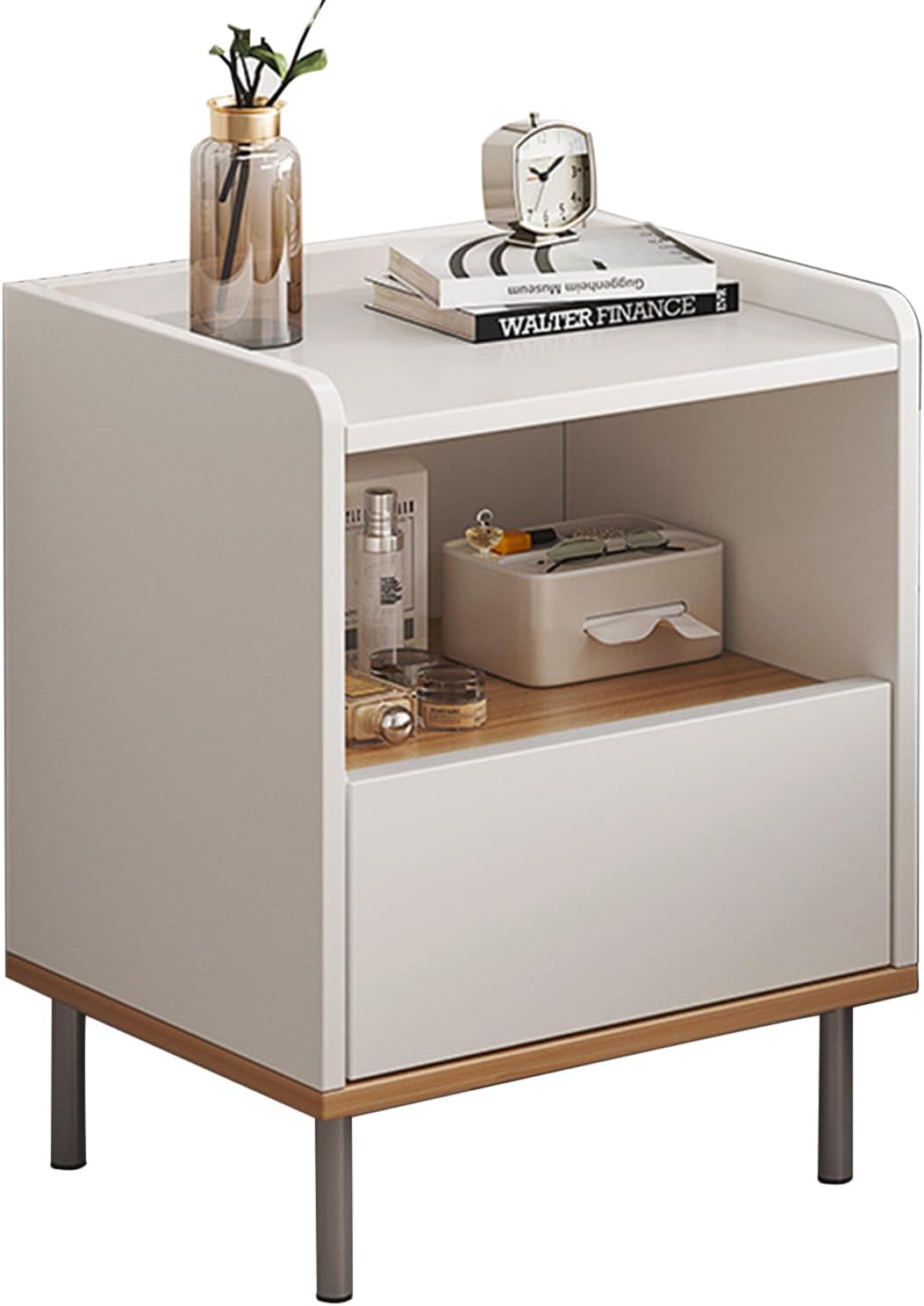 Nightstand with Drawers Easy Assembly Metal Legs Night Table Drawer Storage Shelf Side Table Nightstand End Table Wood Bedside Table for Bedroom Living Room Salon Office White