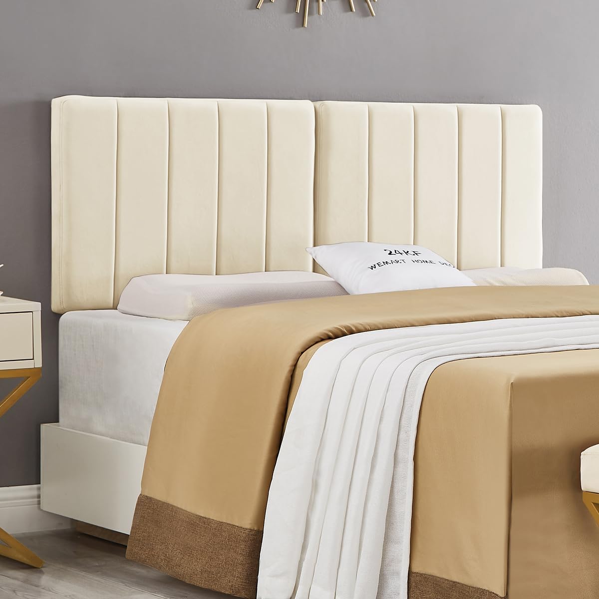 24KF Cream Wall Mounted Vertical Channel Design King Headboard, Soft Comfortable Velvet Padded King/CA King Size Headboard