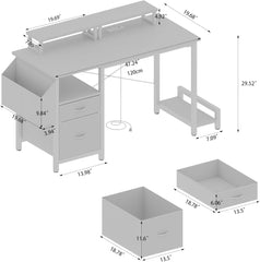 47.3" White Modern Computer Desk - Power Outlet, 2 Monitor Stands, 2 Drawers for Home & Gaming, Monitor Stands, Adjustable Feet Gaming Desk, Office Desk