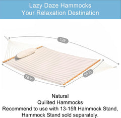 Lazy Daze Hammocks 12 FT Double Quilted Fabric Hammock with Spreader Bar and Detachable Pillow, 2 Person Double for Outside Patio Poolside Backyard Beach, 450lbs Capacity, Gray