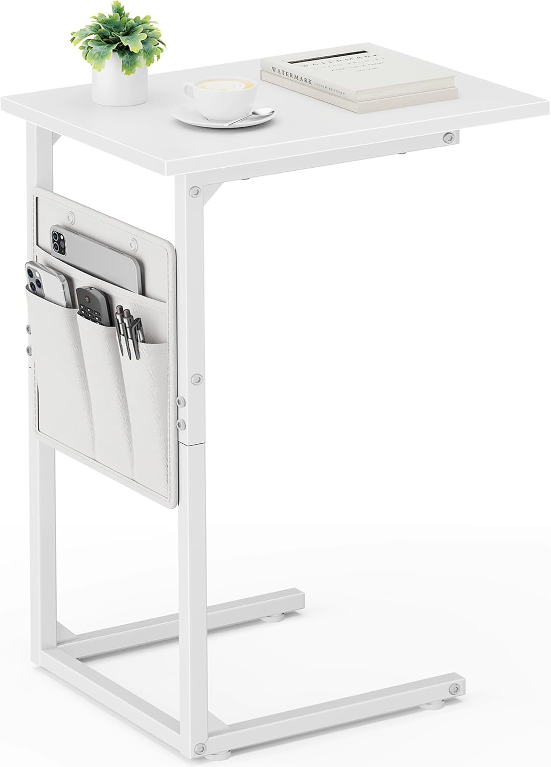 Vagusicc C Shaped End Table with Charging Station, Small Side Table for Couch, Tall Sofa Table Couch Side Tables, Slide Under Sofa Table TV Tray Arm C Tables for Living Room, Bedroom, Bedside, Brown