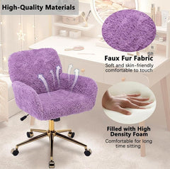 HHYY Furry Cute Office Chair,Artificial Rabbit Hair Home Office Chair with Golden Metal Base,Ergonomic Adjustable Swivel Desk Chair for Girls Women Vanity Bedroom Study (Pink & Gold)