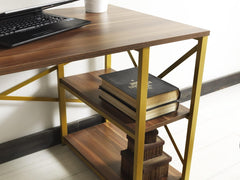 Wooden Top Writing and Computer Desk with Metal Frame and 2 Shelves, Home Office Use, Black