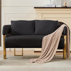 51" Comfy Loveset Sofa, Black Small Teddy Love Seat Sofa, Bedroom Mini Couch, Living Room Side Chair with Gold Metal Legs for Dressing Area, Reception Room, Office (Black)