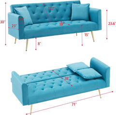 Convertible Loveseat Sofa Bed:Adjustable Tufted Backrests,Golden Metal Legs,Velvet Upholstered Folding Sleeper Futon Couch for Small Space Living Room Office (Green)
