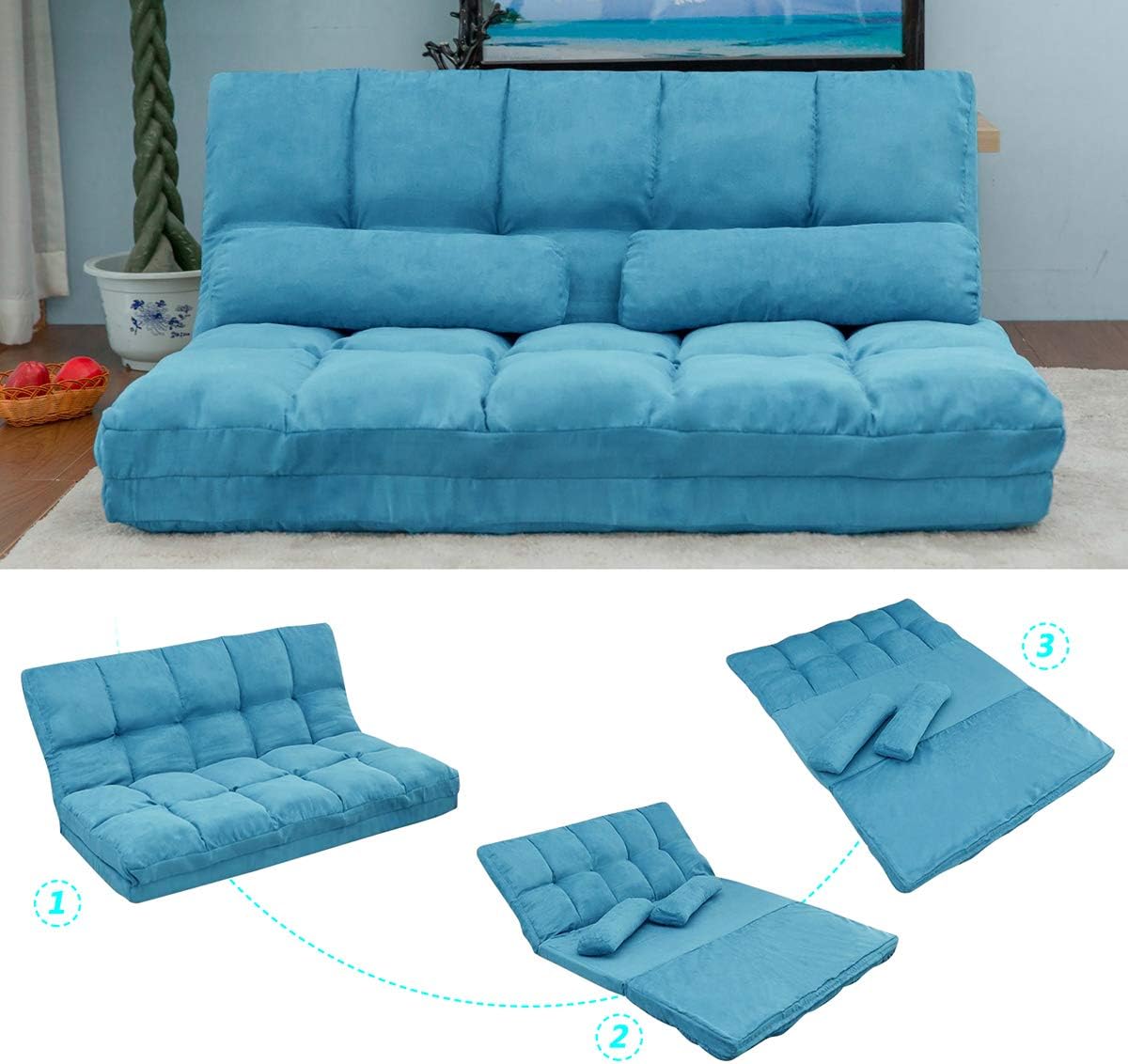 Harper & Bright Designs Double Chaise Lounge Sofa Floor Couch and Sofa with Two Pillows (Blue)