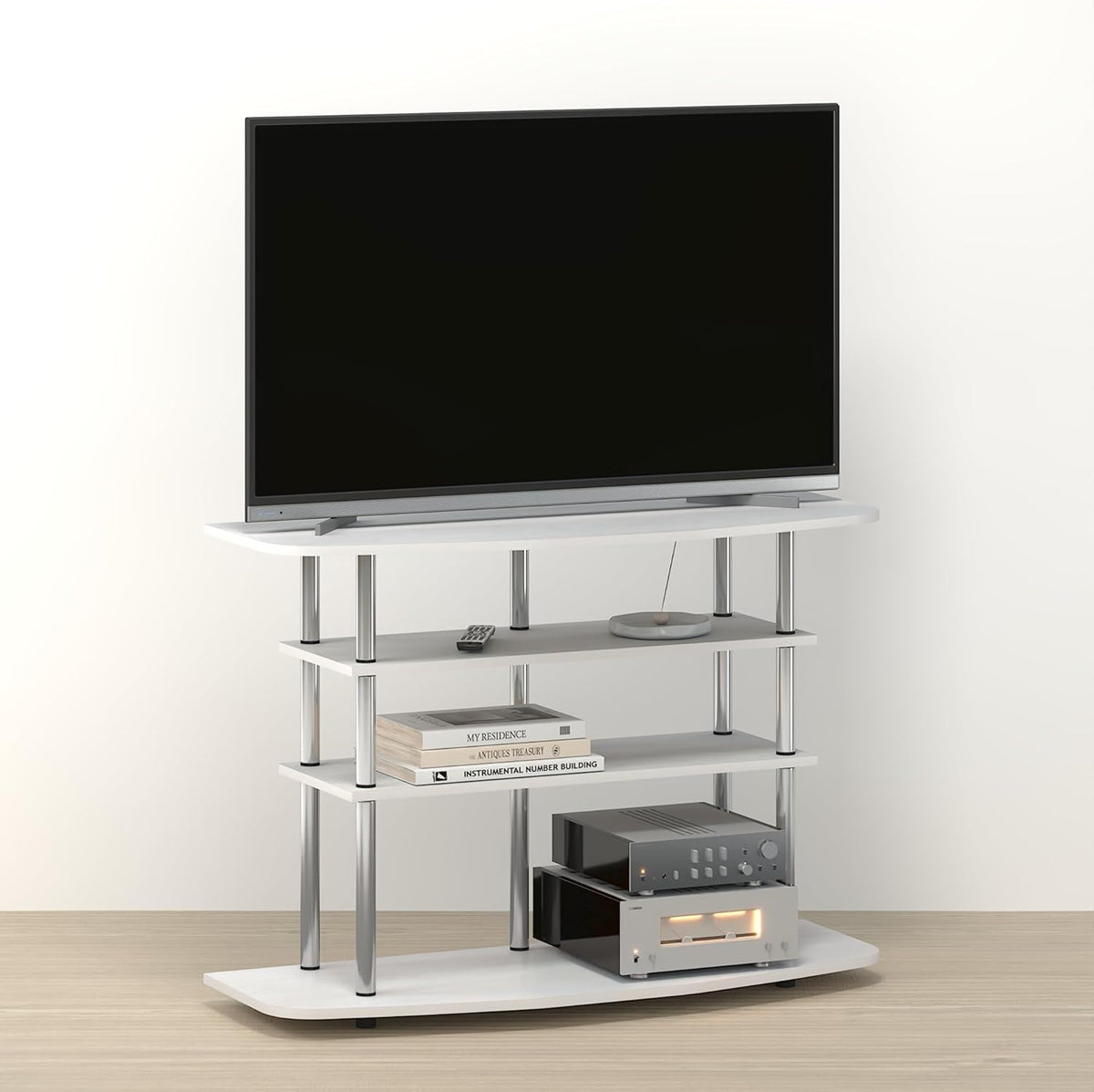 Handa TV Stand, Entertainment Center with 4-Tier Shelves, for TV up to 46 inch, Easy Assembly, for Living Room, Cream Oak