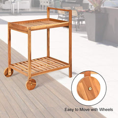 Rolling Serving Cart, Solid Wood Home Bar Cart with Handle with 2 Trays, Portable Serving Trolley for Kitchen, Dining Room, Patio, Teak