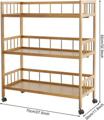Bamboo Bar Carts with 3 Tier Storage Shelves Holder, Home Serving Carts on Wheels, Storage Organizer Utility Cart for Kitchen, Bar, Dinning Room