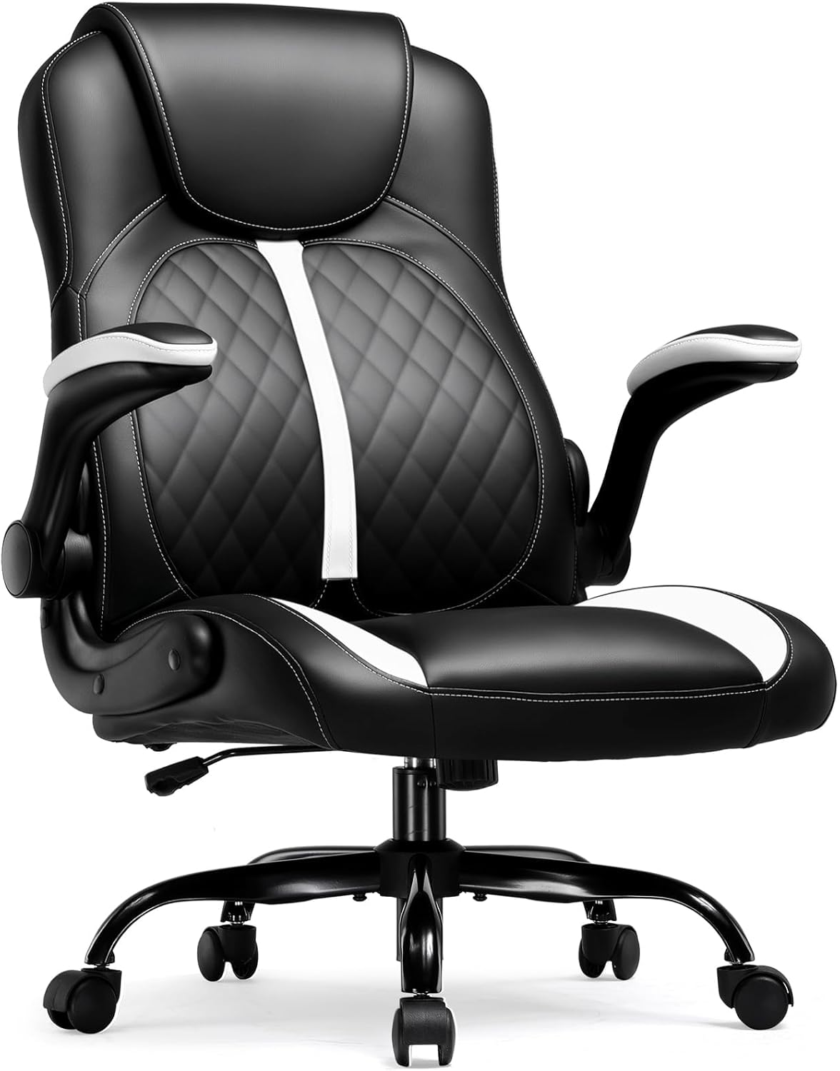 COMHOMA Office Computer Gaming Chair Ergonomic Desk Chair for Adults with Lumbar Support Flip-Up Arms Adjustable Height Swivel Wheels PU Leather Executive Design for Short People Use, Deep White