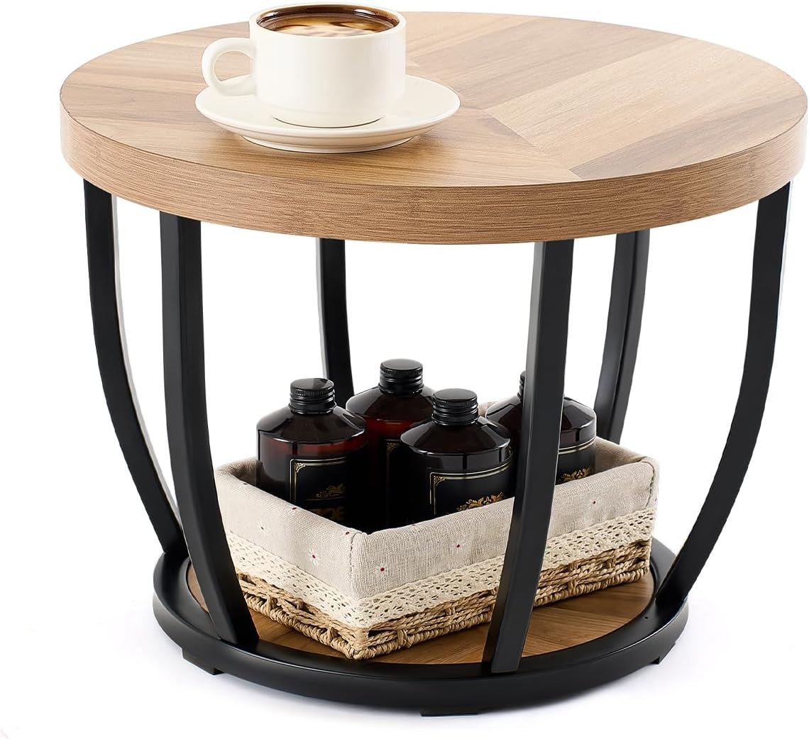 Round Coffee Table, 2-Tier Circle Wood Coffee Table with Storage Shelves, Modern Industrial Wooden Accent Center Sofa Side for Living Room, Home Office(15.7'' Dia X 14.2 H)