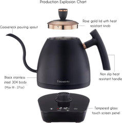 Easyworkz Electric Gooseneck Pour Over Coffee Kettle, Stainless Steel Hand Drip Tea Pot 27 Ounce Temperature Control 1200W Quick Heating