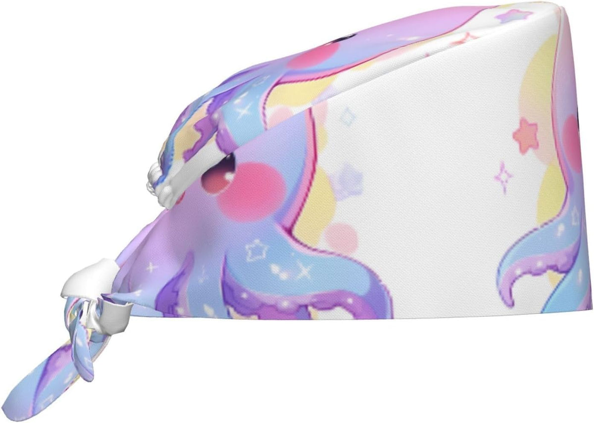 Cleaning Working Cap Smiling Octopus Printed Chef Hat for Women & Men, Adjustable, Breathable Black