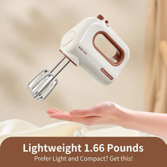 300W Compact Lightweight Electric Hand Mixer, with Powerful Quiet DC Motor for Baking, Cake, Brownies, Cookie Dough, Ideal for Home Kitchen (White)