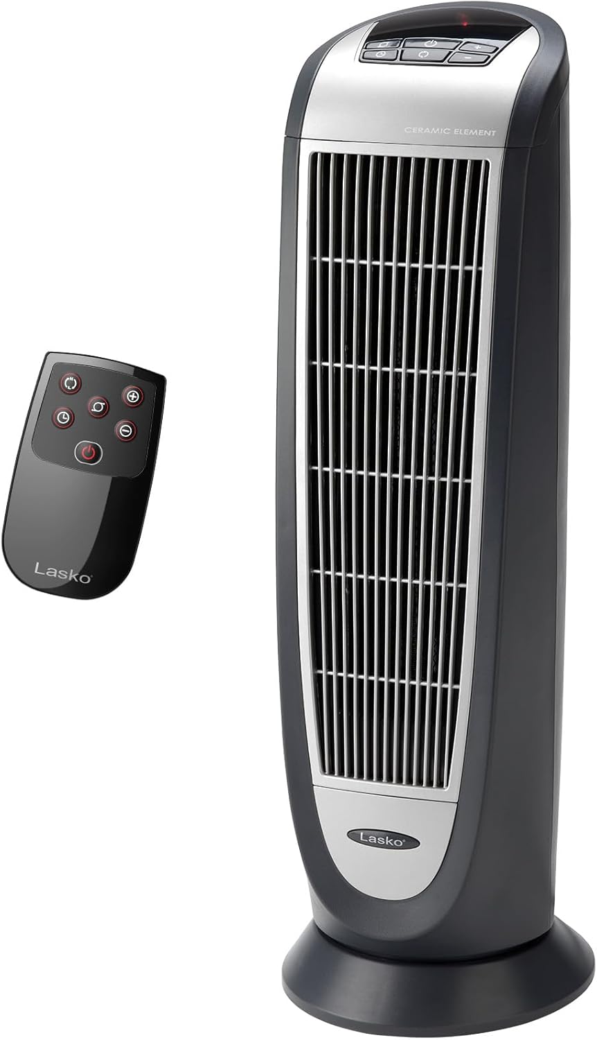 Lasko Portable Electric 1500 Watt Room Oscillating Ceramic Tower Space Heater with Remote, Adjustable Thermostat, Digital Controls, and Timer, Black