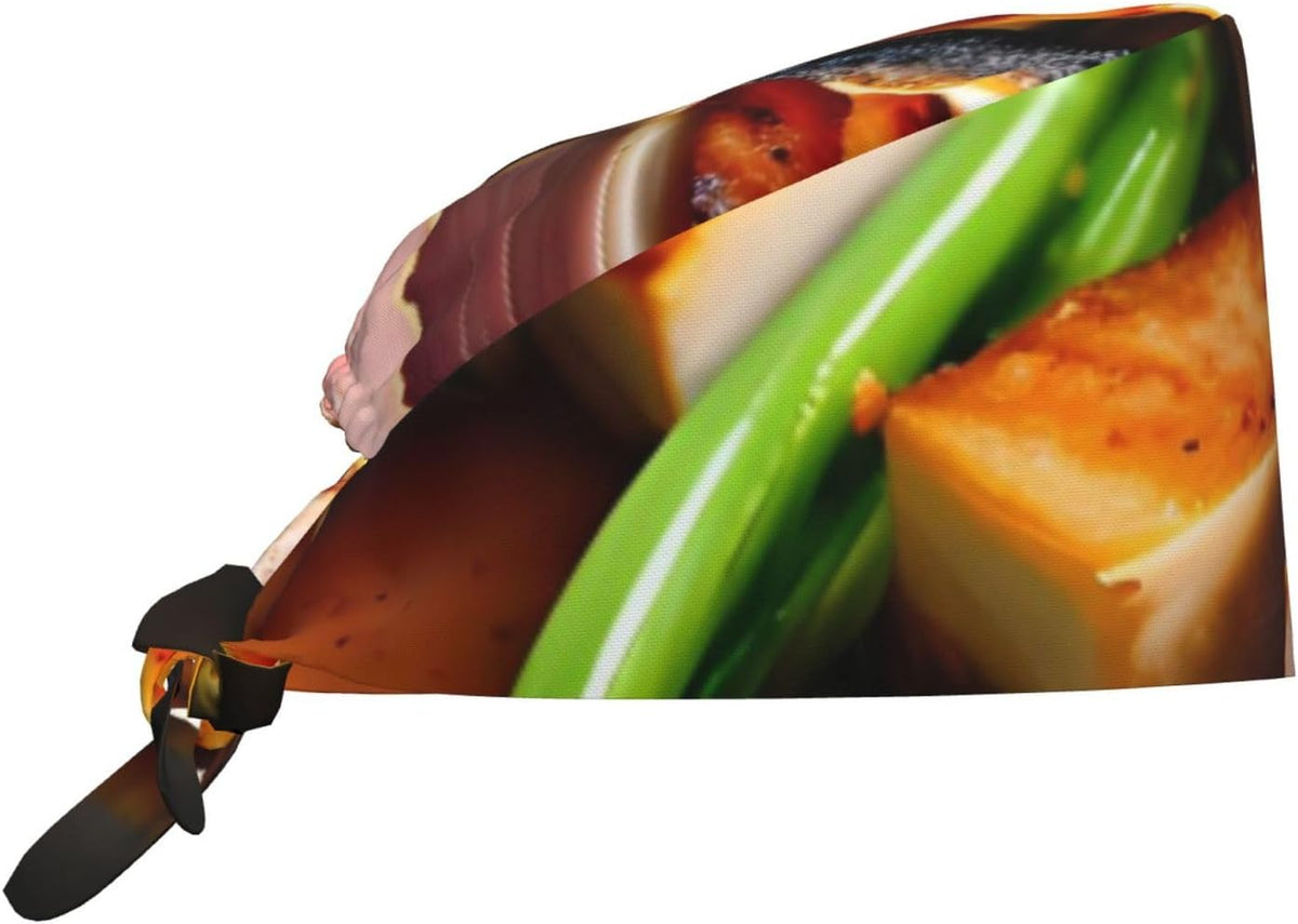Cleaning Working Cap Delicious Grilled Meat Printed Chef Hat for Women & Men, Adjustable, Breathable Black