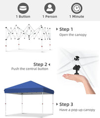 10x10 Pop Up Canopy with One Button Push Setup - Heavy Duty Outdoor Canopy Tent with Portable Roller Bag - 3 Adjustable Height, 4 Weight Bags, 8 Stakes & 4 Guy Ropes Included, Blue