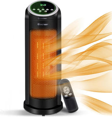 COSTWAY 1500W Oscillating Tower Infrared Heater Fan with Remote, Digital Thermostat & 12H Timer, Portable Electric Heater for Indoor Use, Home, Bedroom