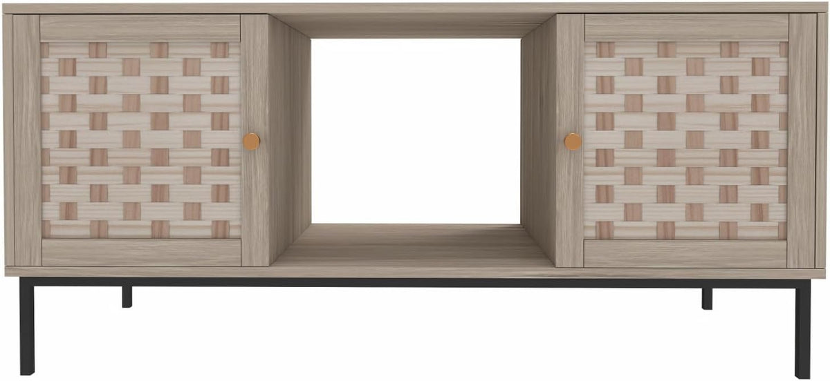 Boho Coffee Table Equipped with 4 Sliding Doors Farmhouse Wood Coffee Table with Storage Lockers for Living Room