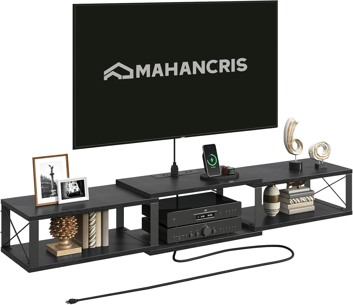 Floating TV Stand with Power Outlet, Wall-Mounted Entertainment Center with Storage, Floating Metal Frame Media Console Shelf for Under TV Storage, for Living Room, Bedroom, White TVBW101E01