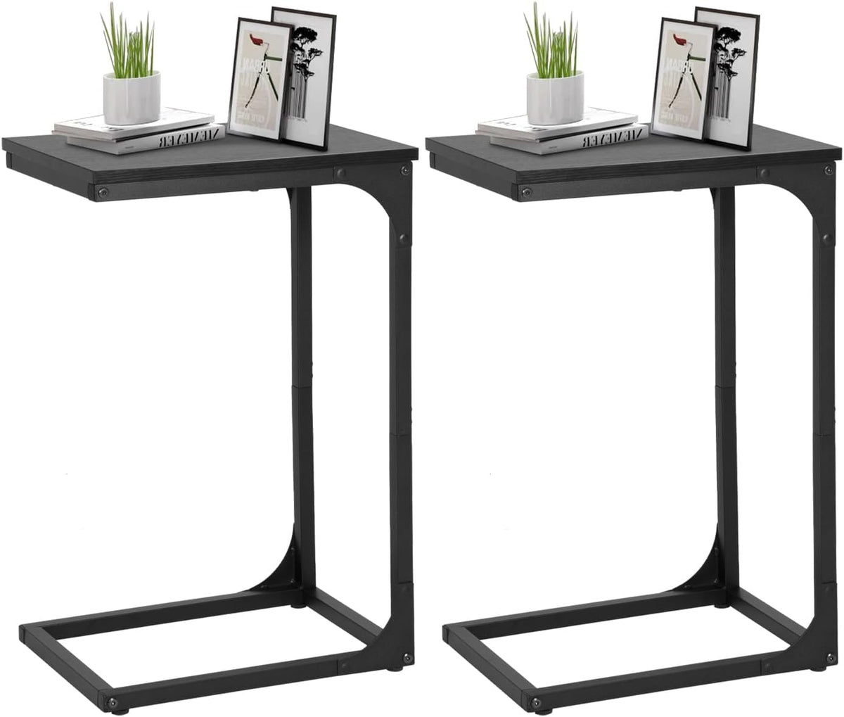 FDW C-Shaped End Table Wooden Top Side Table Adjustable Feet Small Cough Table Bedside End Table with Metal Frame for Bedroom Living Room,Black