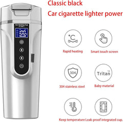 PROPFE 450ml Portable Car Heating Cup 12V Electric Heat Water Cup LCD Display Temperature Kettle Coffee Tea Milk Stainless Steel,White