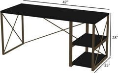Wooden Top Writing and Computer Desk with Metal Frame and 2 Shelves, Home Office Use, Black