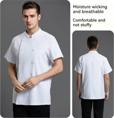 Maizoon 3-Piece Chef Uniform Set Double-Breasted Short Sleeve Jacket with Adjustable Apron & Hat Breathable Kitchen Outfit
