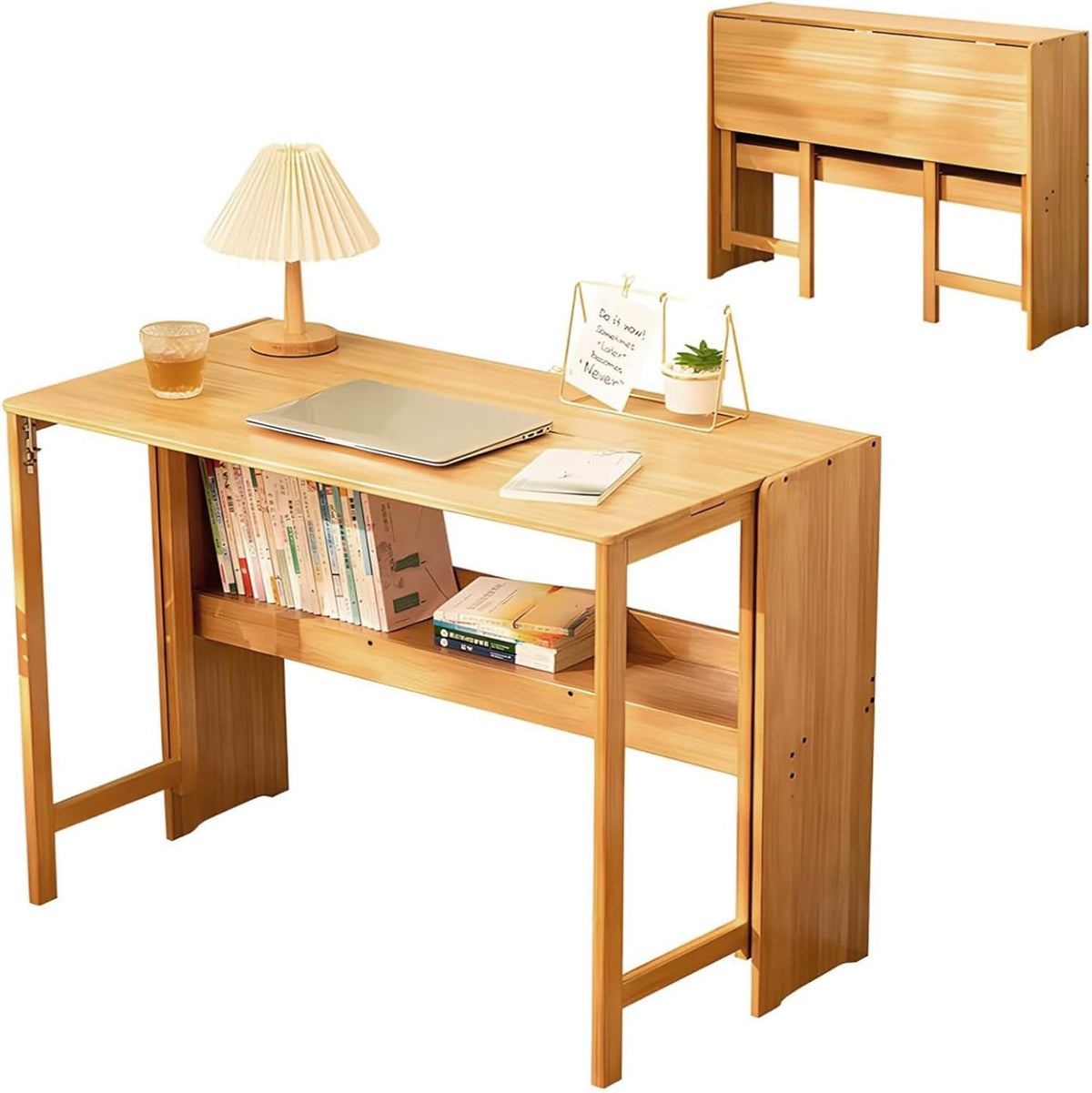 Folding Desk with Bookshelf │ Bamboo Folding Computer Desk │ Compact Workstation for Small Spaces │ Portable Study Table 40.6×21.3 in for Home Office Dorm