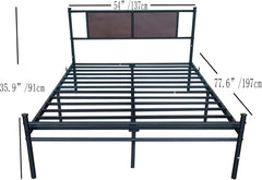 Full Size Metal Bed Frame with Headboard Industrial Steel Platform Bed No Box Spring Needed Heavy Duty 800lbs Capacity Wood Accent Queen Mattress Foundation