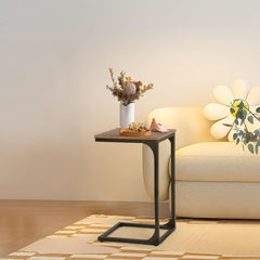 Adjustable Feet C Shaped Sofa Side Table,Sturdy Metal Frame for Bedside,Small Side Table for Couch,Home Office,Living Room,Brown