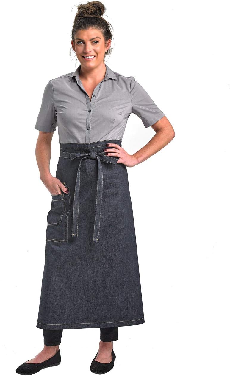 Mercer Culinary Metro Edge Renegade Bib Server Apron, Black Denim with Brown Leather Straps