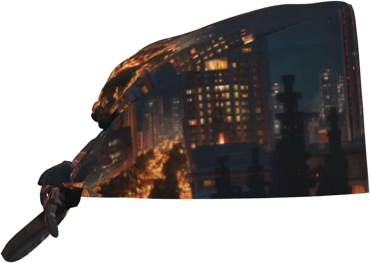 Cleaning Working Cap Night View of The City Printed Chef Hat for Women & Men, Adjustable, Breathable Black