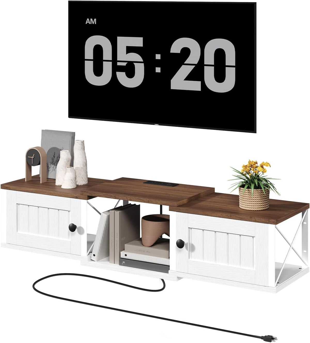 Farmhouse Floating TV Stand with Power Outlet, Wall Mounted Entertainment Center with Doors, Media Console Cabinet with Storage, for Living Room, Bedroom, White and Walnut TVBZ401E01