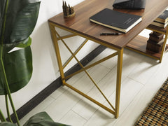 Maximize Workspace Efficiency with Stylish Writing Desk, Solid Wood Top and Metal Frame, 2 Shelves for Home Office, White