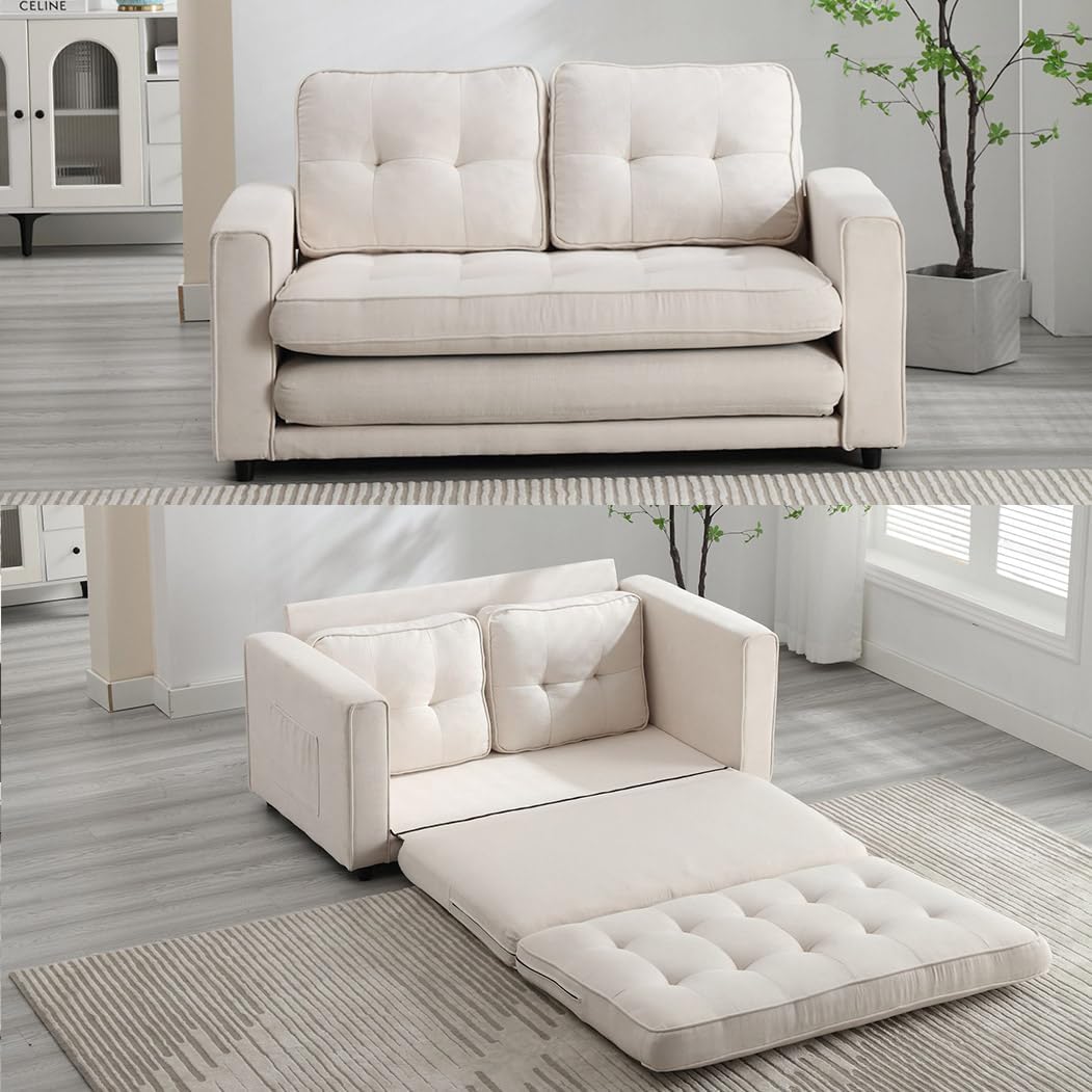 Modern Full Size Pull Out Couch Bed, 3-in-1 Convertible Sleeper Sofa Bed with 2 Side Pockets, Loveseat Couch Bed, Velvet Futon 3 Fold Extended Daybed, Floor Bed for Living Room (Beige)