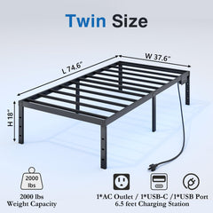 Twin Bed Frame with LED Lights & Charging Station - 14 Inch Heavy Duty Metal Platform Bed Frame No Box Spring Needed, Easy Assembly, No Noise