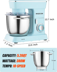 MIGECON Stand Mixer,Electric Food Mixer, Dough Hook, Flat Beater Attachments, Splash Guard 10 Speeds with Whisk, 5.26 QT Blue