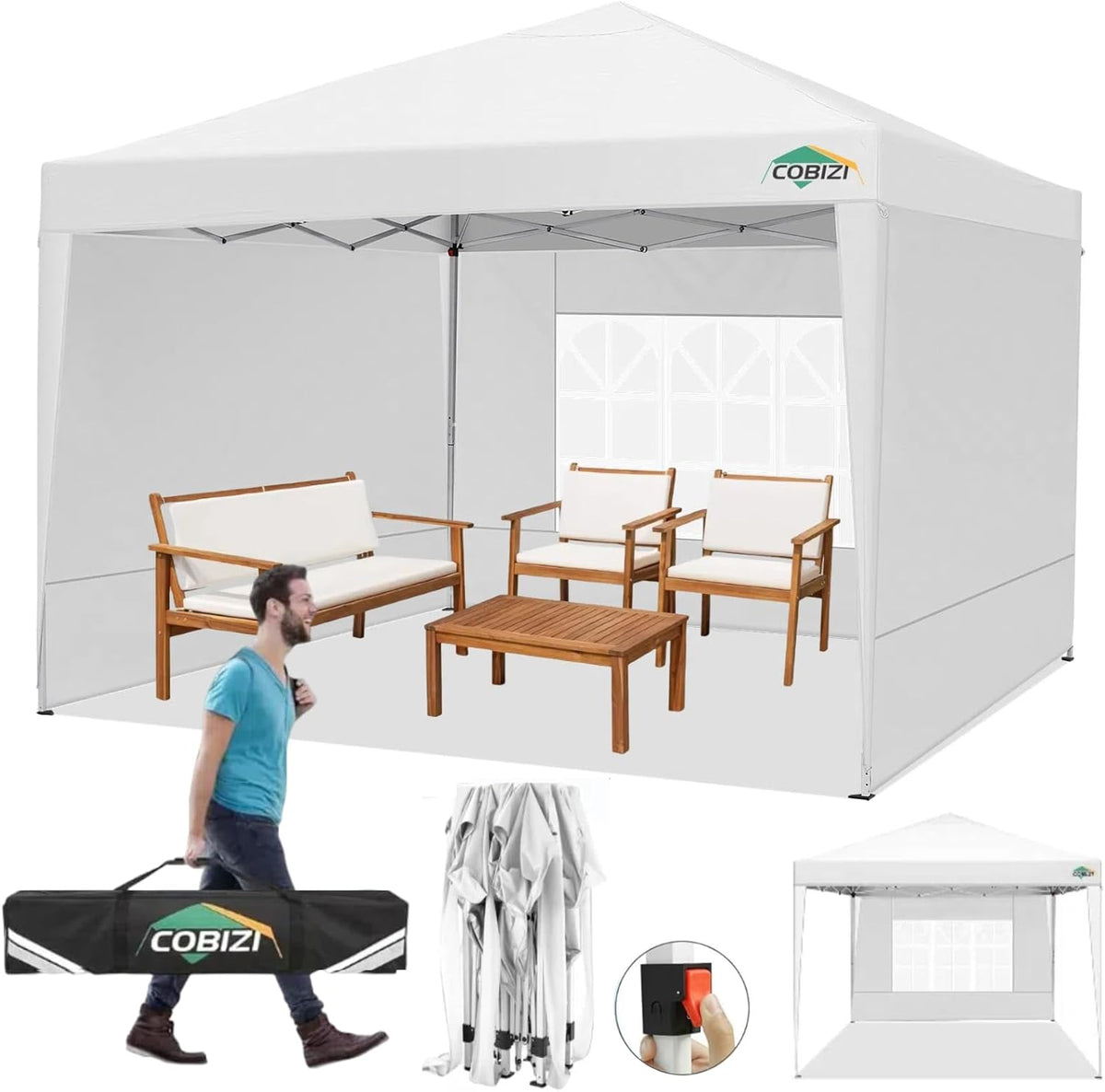 COBIZI 10x10 Pop Up Canopy Tent with 3 Sidewalls, Easy Up Canopy 10x10 Waterproof Commercial Outdoor Gazebo Portable Shelter Instant Tents for Parties,Backyard,Flea Market(Carrying Bag×1