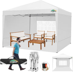 COBIZI 10x10 Pop Up Canopy Tent with 3 Sidewalls, Easy Up Canopy 10x10 Waterproof Commercial Outdoor Gazebo Portable Shelter Instant Tents for Parties,Backyard,Flea Market(Carrying Bag×1