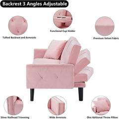72" Pink Velvet Futon Couch Living Room Couch Bed Convertible Sleeper Sofa Bed with Cup Holder for Bedroom Guest Bed 2 Seater Reclining Sofas Couches with Nailhead Trim for Small Space (Pink)