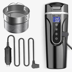 PROPFE 450ml Portable Car Heating Cup 12V Electric Heat Water Cup LCD Display Temperature Kettle Coffee Tea Milk Stainless Steel,White