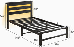 Queen Bed Frame with LED Light and USB Charging Station, Farmhouse Metal Platform Bed with Wood Headboard, Under Bed Storage, No Box Spring Needed, Easy to Assemble (Rustic Brown, Queen)