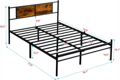 Full Metal Bed Frame with Wood Headboard, Heavy Metal Platform Bed Sturdy Steel Bar Support, Underbed Storage No Box Spring Required, No Noise Easy Assembly (Black+Brown, Full)